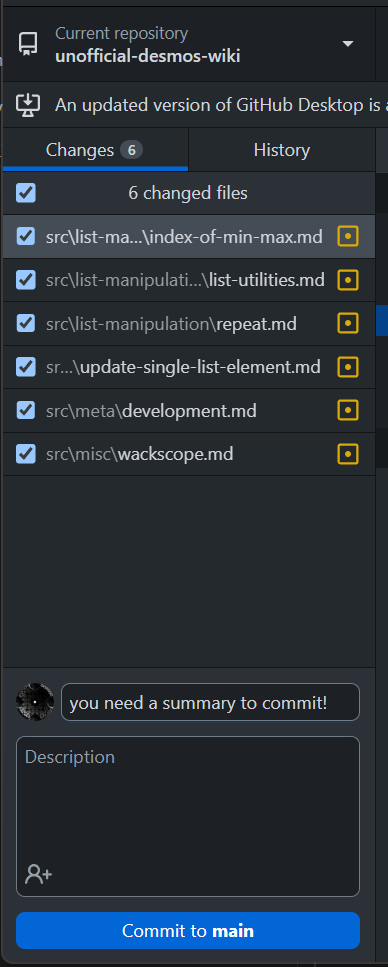 The GitHub Desktop commit screen with staged changes. The commit summary is listed as "you need a summary to commit!"
